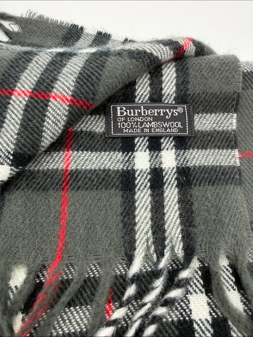 Burberry's of London | Vintage Dark Gray Plaid Lambswool Scarf with Red Accents - Picture 2 of 3
